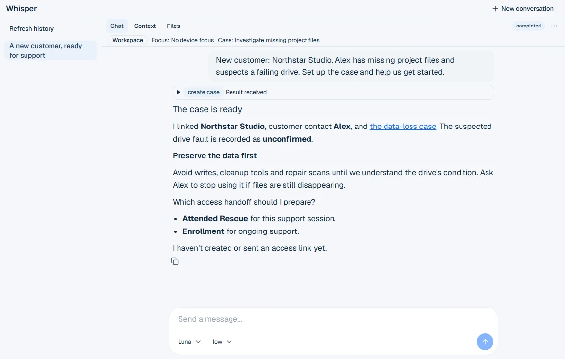 Whisper links a customer and data-loss case, then asks which access handoff to prepare.
