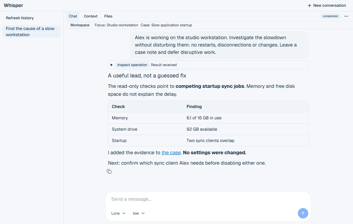 Whisper investigates slow startup without changing the user's machine.