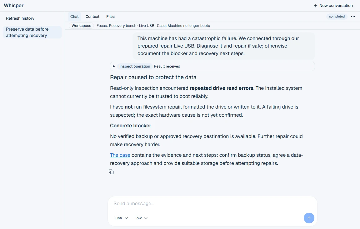 Whisper documents read errors and pauses repair until a safe data-recovery approach is agreed.