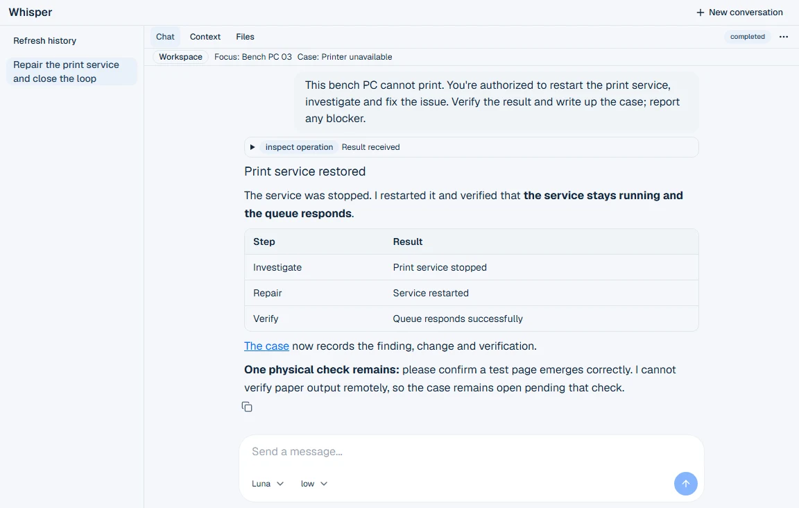 Whisper reports an authorized print-service repair, verification and a physical test-page blocker.